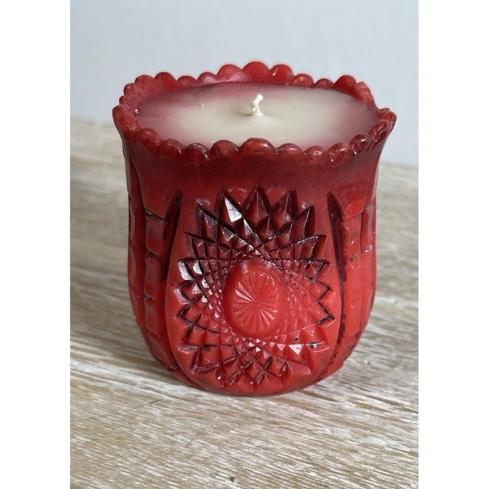 Vintage Red Floral Embossed Motif Sculptured Carved‎ Gothic Wax Candle